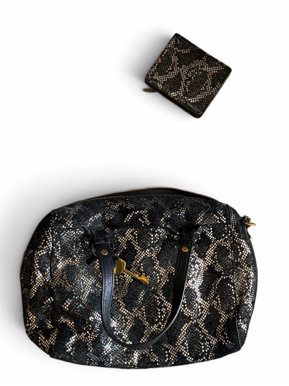 FOSSIL Leather Snake-Print Black & Gold Tote Handbag with Matching Wallet
